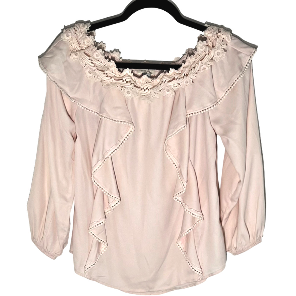 River Island Girls Sz 12 Youth Blush Pink Ruffle Blouse Top Elastic Long Sleeves